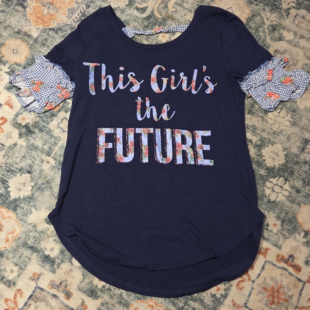 Lily Bleu Navy Blue 'This Girl's the Future' Tee Floral Ruffle Sleeves